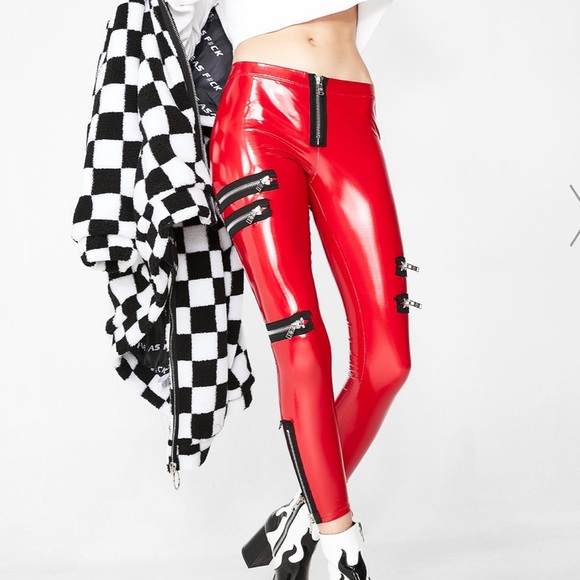 Dolls Kill Pants - Red and black latex leggings